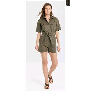 NEW Universal Thread Short Sleeve Denim Romper Olive Green Size 00 XS Jumpsuit